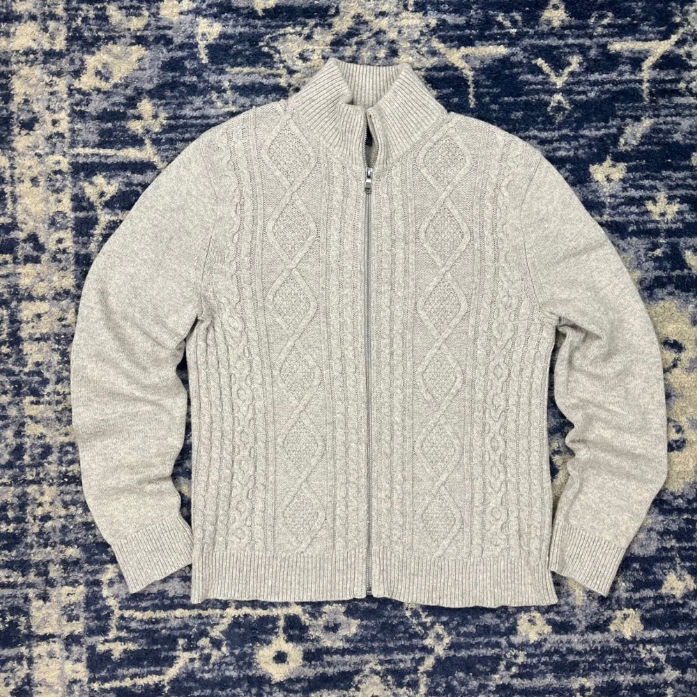 Banana Republic Gray Cable Knit Full Zip Mock Neck Wool Blend Sweater Medium